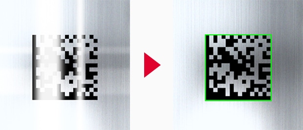Durch die Haarlinienschliffstruktur auf der Oberfläche des Batteriegehäuses kann es zu Reflexionen kommen, die das Lesen des Codes verhindern. Die Modellreihe SR-X kann die Reflexionen unterdrücken und den Code so lesbar machen.