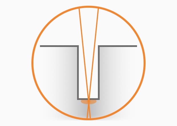 Tiefes Gravieren: Die Brennweite ändert sich während des Gravierens. Das ermöglicht zu jedem Zeitpunkt eine Bearbeitung mit hoher Energiedichte.