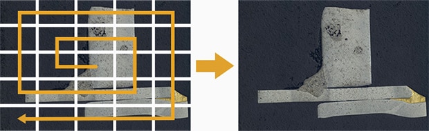 Die Bildzusammensetzungsfunktion steuert automatisch den Objekttisch, um eine großflächige Aufnahme bei gleichzeitig hoher Vergrößerung und hoher Auflösung zu ermöglichen.