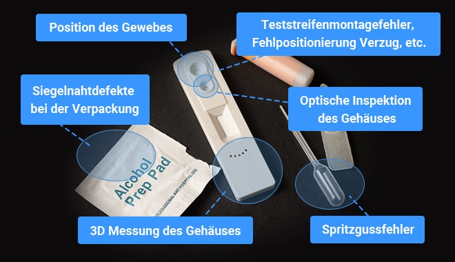 Position des Gewebes, Teststreifenmontagefehler, Fehlpositionierung Verzug, etc., Siegelnahtdefekte bei der Verpackung, Optische Inspektion des Gehäuses, 3D Messung des Gehäuses, Spritzgussfehler