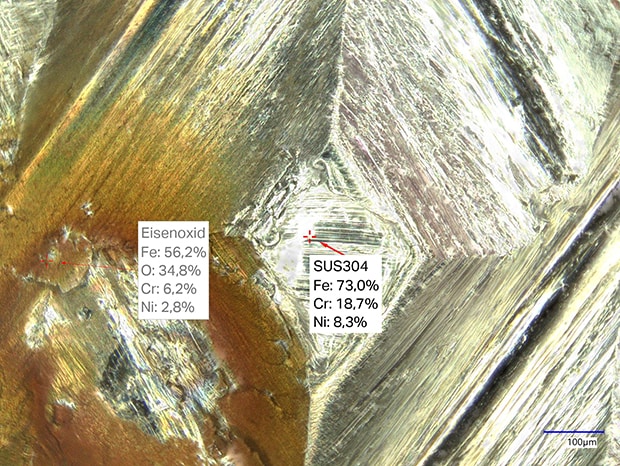 Eine genaue Analyse der verfärbten Stellen ist möglich, so dass an der Oberfläche haftende Rostflecken oder Rost, der aus dem Inneren des Edelstahls stammt, bewertet werden können.