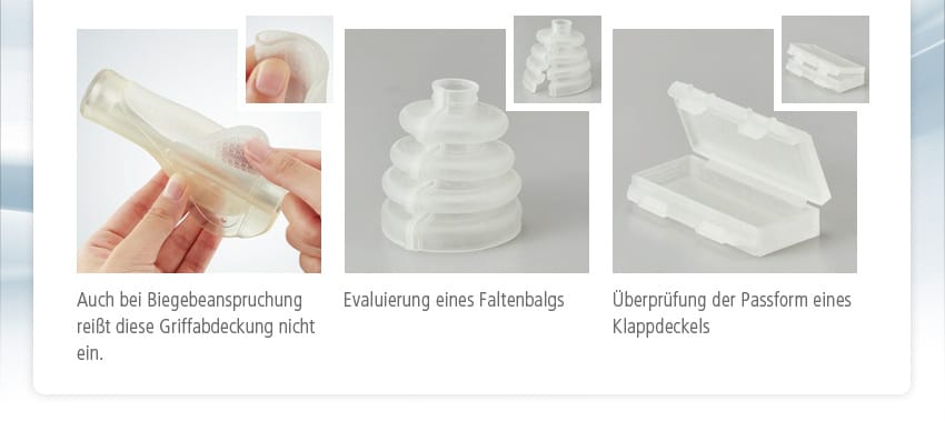 Auch bei Biegebeanspruchung reißt diese Griffabdeckung nicht ein. Evaluierung eines Faltenbalgs Überprüfung der Passform eines Klappdeckels