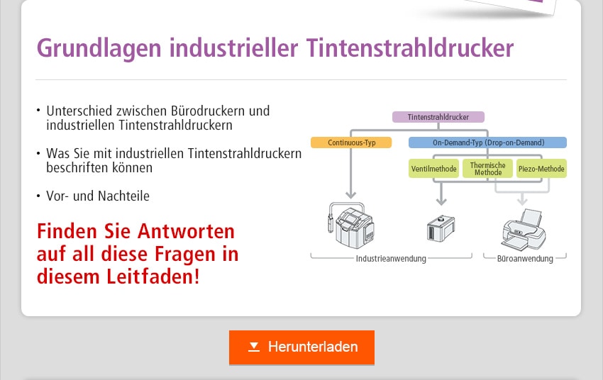 Grundlagen industrieller Tintenstrahldrucker Unterschied zwischen Bürodruckern und industriellen Tintenstrahldruckern Was Sie mit industriellen Tintenstrahldruckern beschriften können Vor- und Nachteile Finden Sie Antworten auf all diese Fragen in diesem Leitfaden! Herunterladen