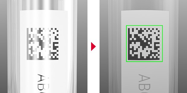 Auf gewölbten Oberflächen entstehen oft ungewollte Spiegelungen, die durch den Code verlaufen. Die Modellreihe SR-X kann diese Spiegelung dank des Polarisationsfilters eliminieren, wodurch eine stabile Erfassung gewährleistet wird. 