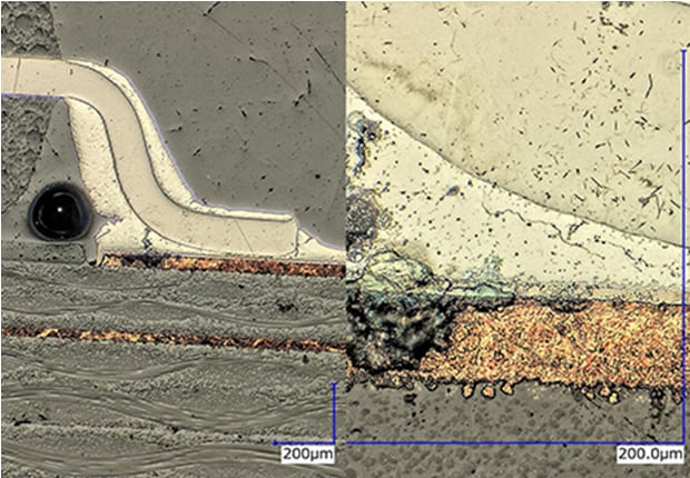 Betrachtung von Lötrissen an einem IC-Querschnitt (links: 150x / rechts: 1000x)