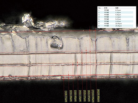 Dickenmessung des Querschnitts von Mehrschichtfolien mit dem Digitalmikroskop der Modellreihe VHX