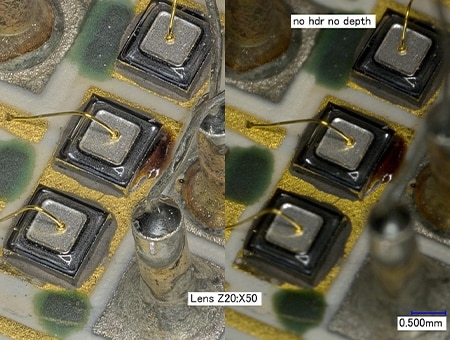 Links: HDR-Aufnahme + Tiefenzusammensetzung / rechts: normal (50x)